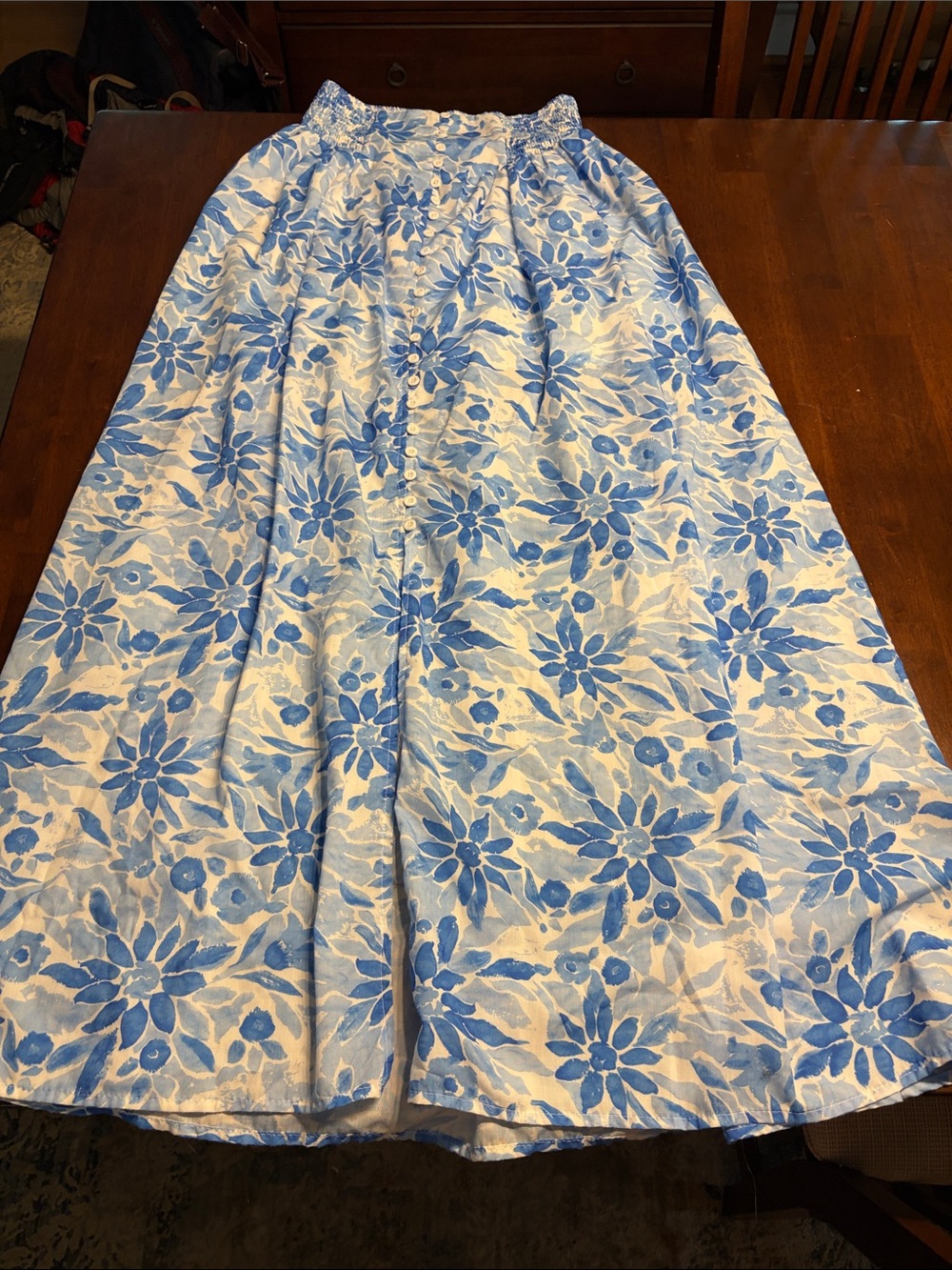 Blue Floral A-Line Skirt with Button-Front